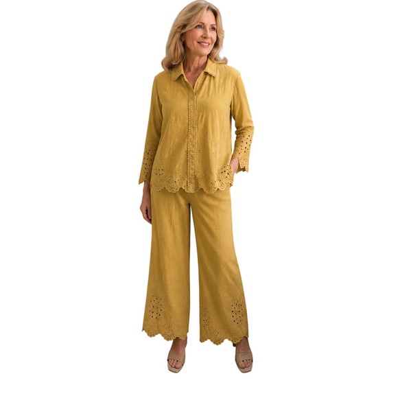 Cynthia Rowley Pants - Cynthia Rowley Womens 2-Piece Eyelet Pant Set Size Medium Yellow Cotton Scallop